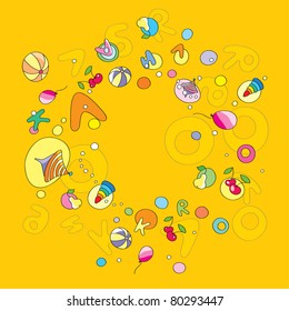 Yellow background with toys