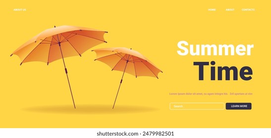 Yellow background with two orange beach umbrellas casting shadows summer theme minimal design