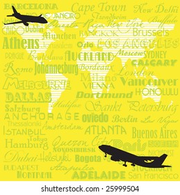 Yellow background with two plane shapes and the name of more important cities from all over the world written in various ways with green letters