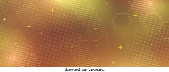 Yellow background in vector illustration with glow and movement,  bright geometric shape, hexagons, halftone pattern and parallel lines.