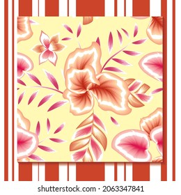 yellow background vector and pink orange color combination tropical leaves seamless pattern plants with abstract frangipani flower drawing decoration. Jungle print. summer design