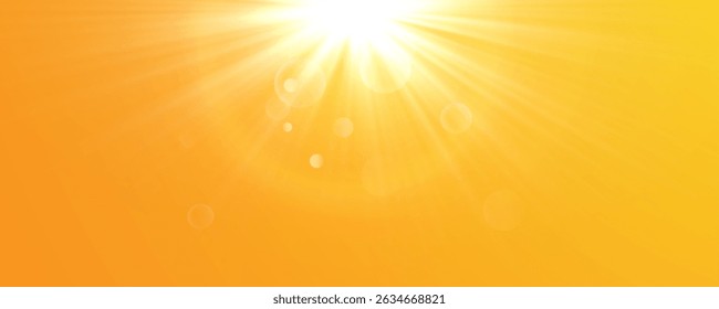 Yellow Background with Warm Sunlight and Solar Bliki Effect. Soft Glowing Rays, Sunshine Flare and Summer Atmosphere for Abstract Nature Backgrounds, Templates and Sunny Day Illustrations