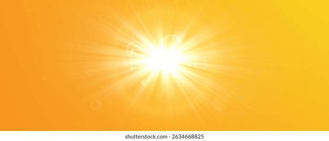 Yellow Background with Warm Sunlight and Solar Bliki Effect. Soft Glowing Rays, Sunshine Flare and Summer Atmosphere for Abstract Nature Backgrounds, Templates and Sunny Day Illustrations