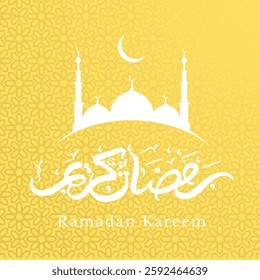 yellow background. Whit mosque and star. Arabic calligraphy whit color. English world Ramadan Kareem in whit color. Eps file