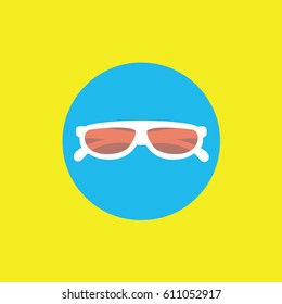 yellow background with a white cool nice fashion & beauty Sunglasses icon vector illustration for summer flat design style in a blue rounded circle web site for vacation or holiday in the beach 