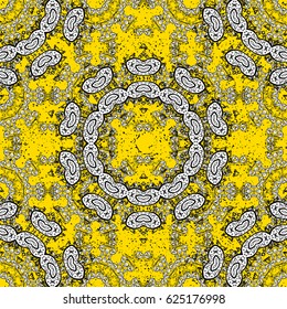 Yellow background with white elements. Metal with floral pattern. Vector white floral ornament brocade textile pattern. White pattern.