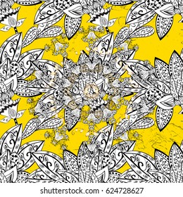 Yellow background with white elements. White pattern. Metal with floral pattern. Vector white floral ornament brocade textile pattern.