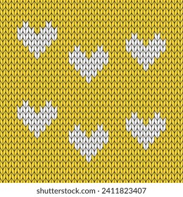 Yellow background and white heart knitted pattern. knitted vector pattern. Seamless gradient pattern for clothing, wrapping paper, backdrop, background, gift card.