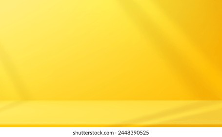 Fondo amarillo.3d Estudio Habitación de pared con luz, hojas de sombra en el suelo.Fondo vacío degradado pastel para el producto presente en primavera, verano, diseño mínimo con espacio de copia para la promoción de otoño, venta