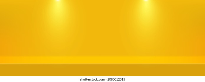 Yellow background.Studio scene room with light for product display, advertising, show, winner on Yellow backdrop. 3d stage blank. Empty table floor.Design horizontal. Black Friday.Vector illustration.