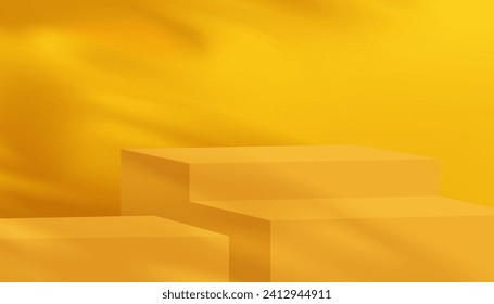 Yellow Background,Studio wall room with Light,Leaves Shadow on 3d podium,Empty Room background with Mockup step stage display for backdrop product present,Banner Spring,Summer,Autumn 