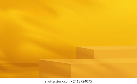 Yellow Background,Studio wall room with Light,Leaves Shadow on 3d podium,Empty Room background with Mockup step stage display for backdrop product present,Banner Spring,Summer,Autumn 