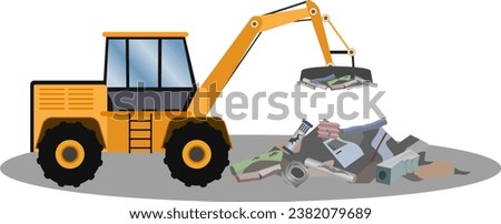 Yellow backhoe with electromagnetic crane lifts iron from steel waste, waste management industry, industry and technology concept, heavy construction