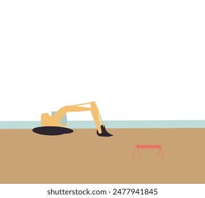 Yellow backhoe excavator working on sand quarry. Removal of soil from a construction site near river. Earth moving and foundation preparation.