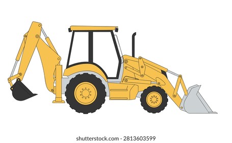 Yellow backhoe loader construction vehicle shown in profile with digger arm and front bucket on a white background.