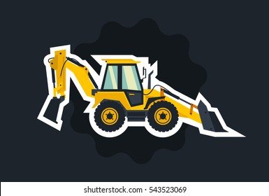 Yellow backhoe loader. The object circled white outline on a dark background. Construction machinery. Special equipment. Vector illustration.