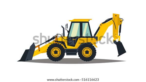 白い背景に黄色のバックホーローダー 建設機械 特別な装置 ベクターイラスト のベクター画像素材 ロイヤリティフリー 516116623