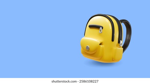 Yellow Backpack 3d icon, Back to school and education concept. Cartoon school bag symbol on blue background