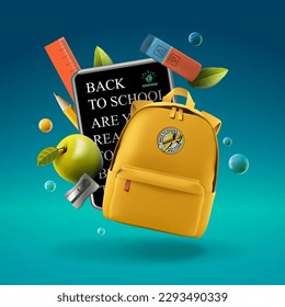 Yellow backpack with a apple on it and sign Back to school are you ready to go, vector illustration. 