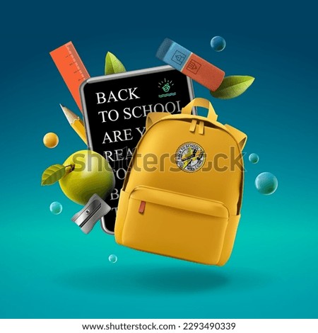 Yellow backpack with a apple on it and sign Back to school are you ready to go, vector illustration. 