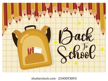 Yellow backpack with colored pencils. White checkered paper. Back To School concept. Flat vector illustration.