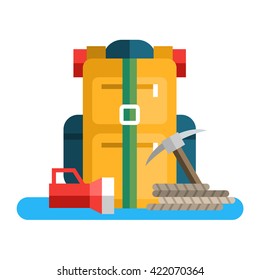 Yellow backpack with equipment for mountain climbing. Flat vector illustration isolated on white background