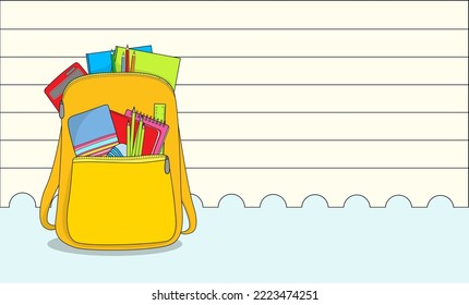 Yellow backpack full of different school stationery and sheet of copybook on white background, space for text. Illustration