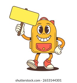 Yellow backpack mascot with expressive eyes and big smile standing confidently with a blank sign. Perfect for school-themed projects, promotions, or playful educational designs. Vector illustration