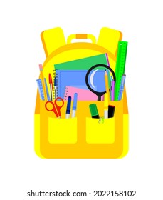 Gelber Rucksack mit SchulSchreibtisch auf weißem Hintergrund. Zurück zum Schulkonzept. Flache Vektorgrafik