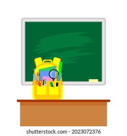 Yellow backpack with school stationery on the table on a background of school green boards. Back to school concept. Flat vector illustration