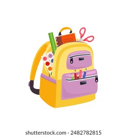 Yellow backpack with school stationery. Vector cartoon illustration of school bag. 