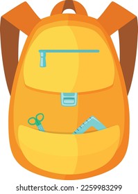 Mochila amarilla con material escolar. Icono de bolsa de dibujos animados