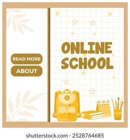 Yellow backpack with school supplies. Small white checkered background. Back to School concept. Flat vector illustration.