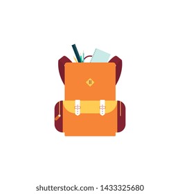 Yellow backpack or schoolbag with note and ruler in flat vector illustration isolated on white background. Education and study rucksack for students and traveling icon.