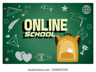 Yellow backpack with scientific doodles. Return to online school. Back To School concept. Flat vector illustration.