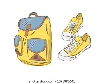 Yellow backpack and sneakers. Vector illustration.