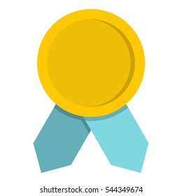 Yellow badge with blue ribbons icon. Flat illustration of yellow badge with blue ribbons vector icon for web