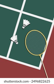 Yellow Badminton Racket and Shuttlecocks on White Line. Vector Illustration Badminton Equipments on the Court for Background, Poster and Flyer