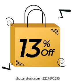 Yellow Bag 13% Off for Sales. Vector Isolated on White Background for Commerce.