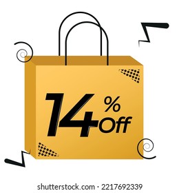 Yellow Bag 14% Off for Sales. Vector Isolated on White Background for Commerce.