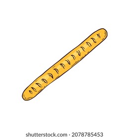 Yellow Baguette Doodle, Cartoon Food Drawing Of Long Bread Isolated On White Background. Vector Illustration Of Hand Drawn Sketch Of French Pasty Loaf.