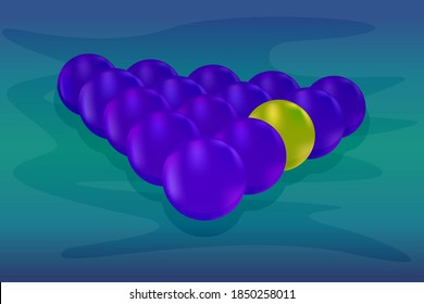 Yellow ball among many dark ones balls. Think differently. Being different, standing out from the crowd. See, think, do different business. Concept of uniqueness, quality, individuality and diversity.