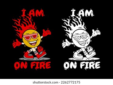 Yellow ball character walking with red fire flame design