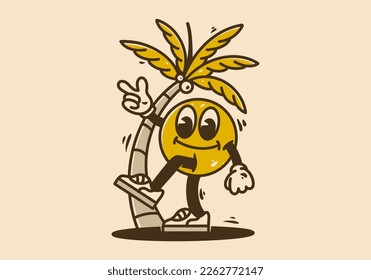 Caracter de bola amarilla caminando bajo el diseño de la ilustración del árbol de coco