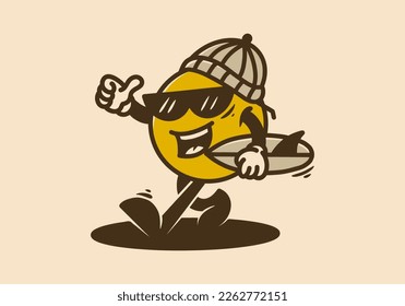 Yellow ball character wearing beanie and holding a surfing board illustration