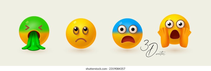 Yellow ball with face set. Emotion expression collection. Disgust, horror, surprise, sadness, shock.