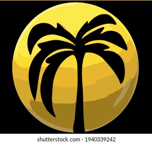 
yellow ball on a black background depicting a black shadow from a palm tree