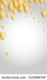 Yellow Ballon Background Gray Vector. Surprise Art Set. Golden Latex Confetti. Baloon Party Illustration.