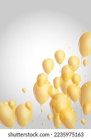 Yellow Ballon Background Gray Vector. Confetti Shine Banner. Golden Fest Surprise. Helium Flying Set.