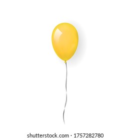 Yellow balloon 3D, thread, isolated white background. Color glossy flying baloon, ribbon for birthday celebrate, surprise. Helium ballon gift. Realistic shape, design happy bday. Vector illustration